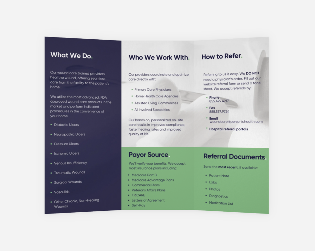 Personic Health brochure middle panel showcasing services, values, and brand messaging